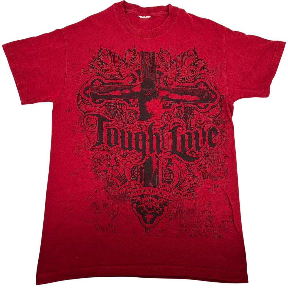 Vintage Y2K Jesus Cross Men's Sm Red Tribal Tough Love Affliction Style T Shirt